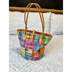 Dooney & Bourke Patchwork Madras Plaid Picnic With Ants Pattern Tote Y2K Retro